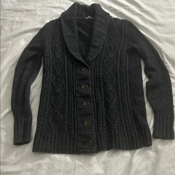 Fossil Sweaters - Fossil Wool Cashmere Blend Charcoal Cable Knit Button Down Collared Sweater
